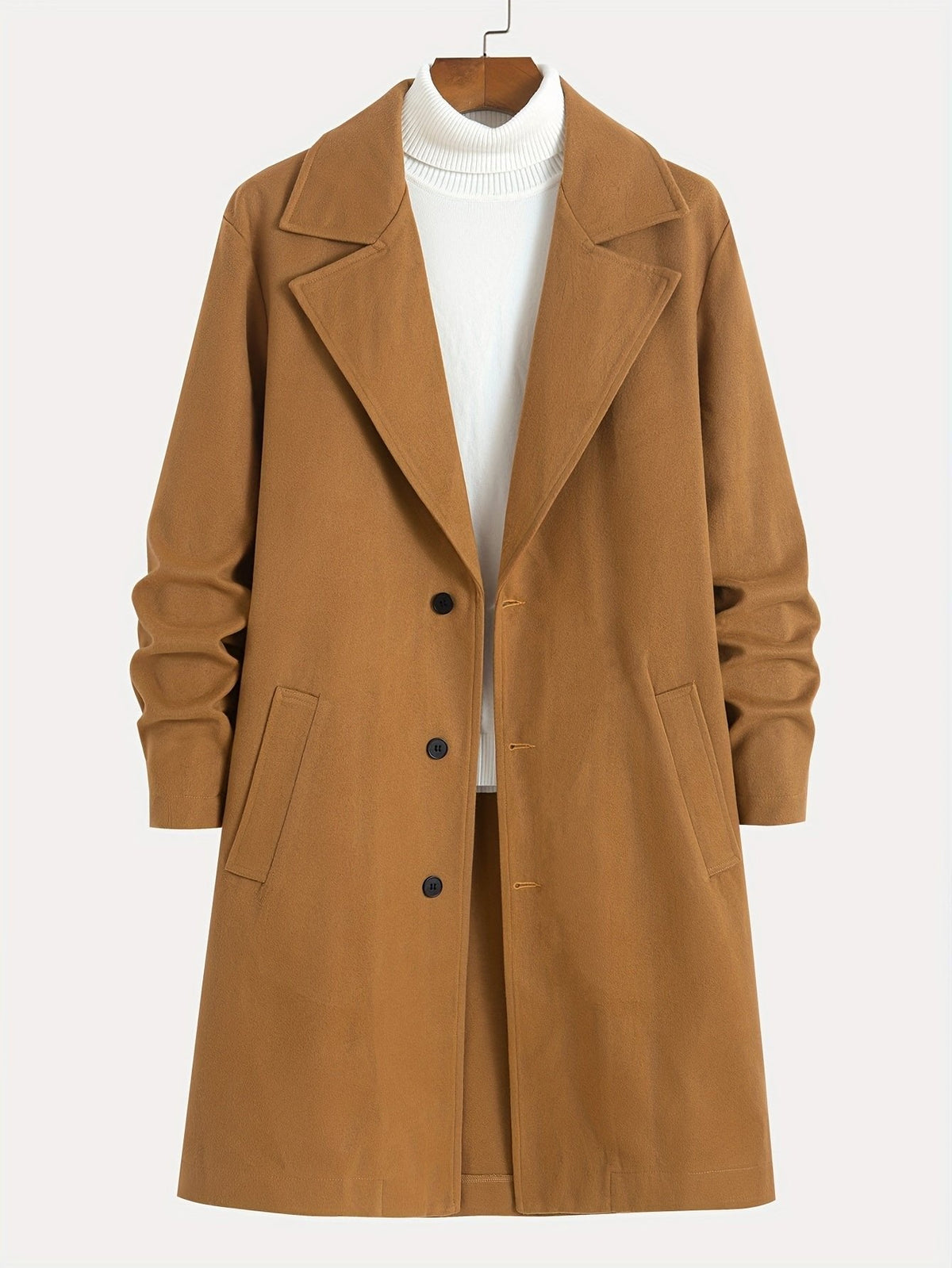 Men's tailored longline trench coat with lapels, buttons and angled side pockets