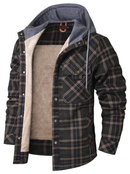 Men's checked hooded jacket with button front and contrasting lining