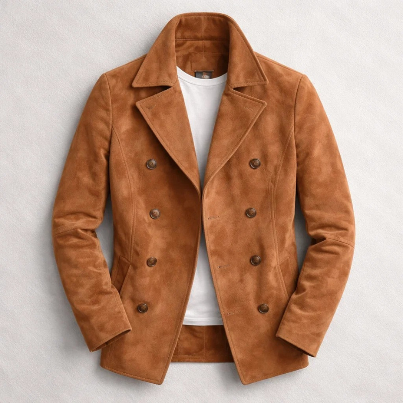 Men's double-breasted trench coat with notched lapels and long sleeves