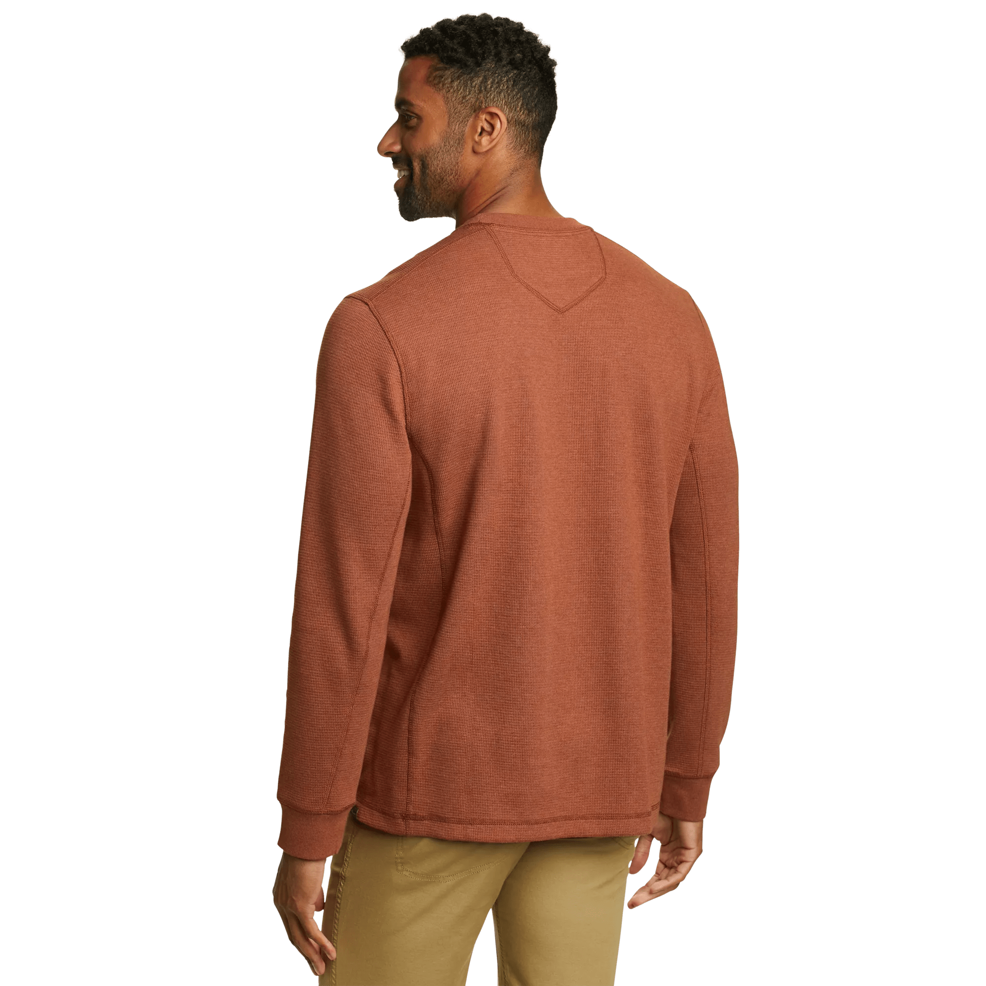 Men's crew neck long sleeve top with fine ribbed texture and ribbed cuffs