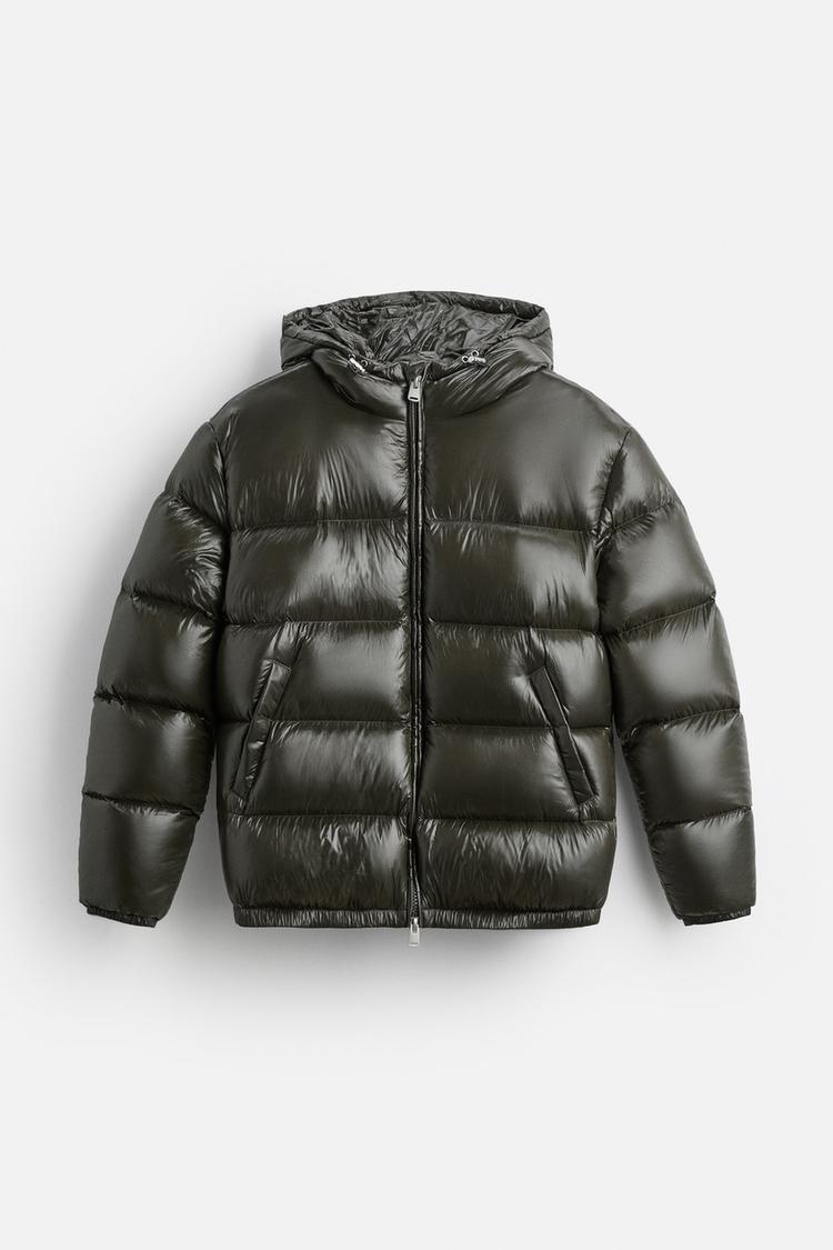 Unisex down jacket with high collar and zip front