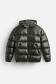 Unisex down jacket with high collar and zip front