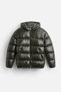 Unisex down jacket with high collar and zip front