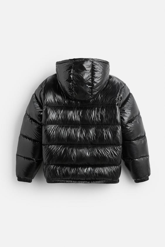 Unisex down jacket with high collar and zip front