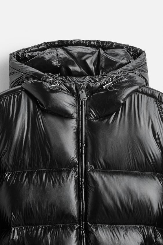 Unisex down jacket with high collar and zip front
