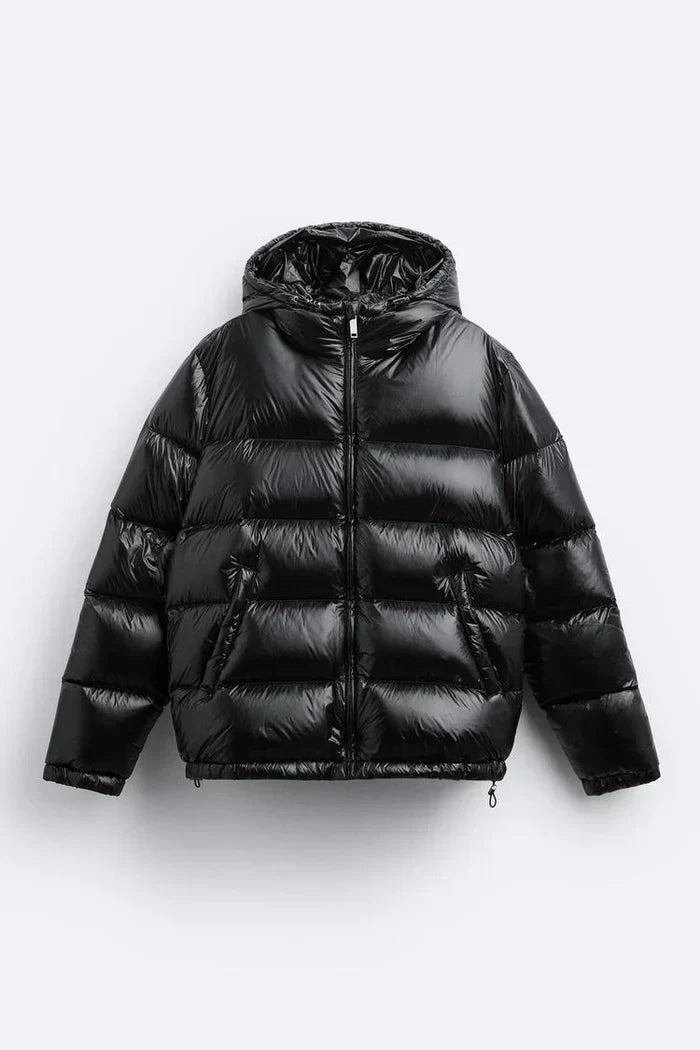 Quilted hooded puffer jacket with front zip and angled pockets