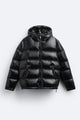Quilted hooded puffer jacket with front zip and angled pockets