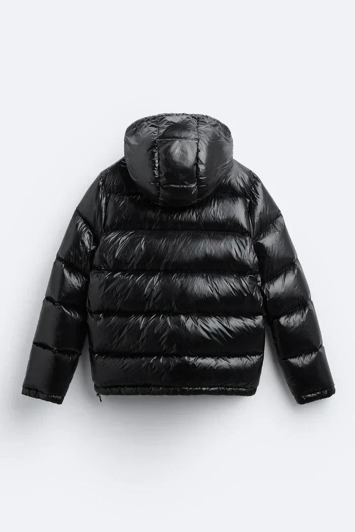 Quilted hooded puffer jacket with front zip and angled pockets