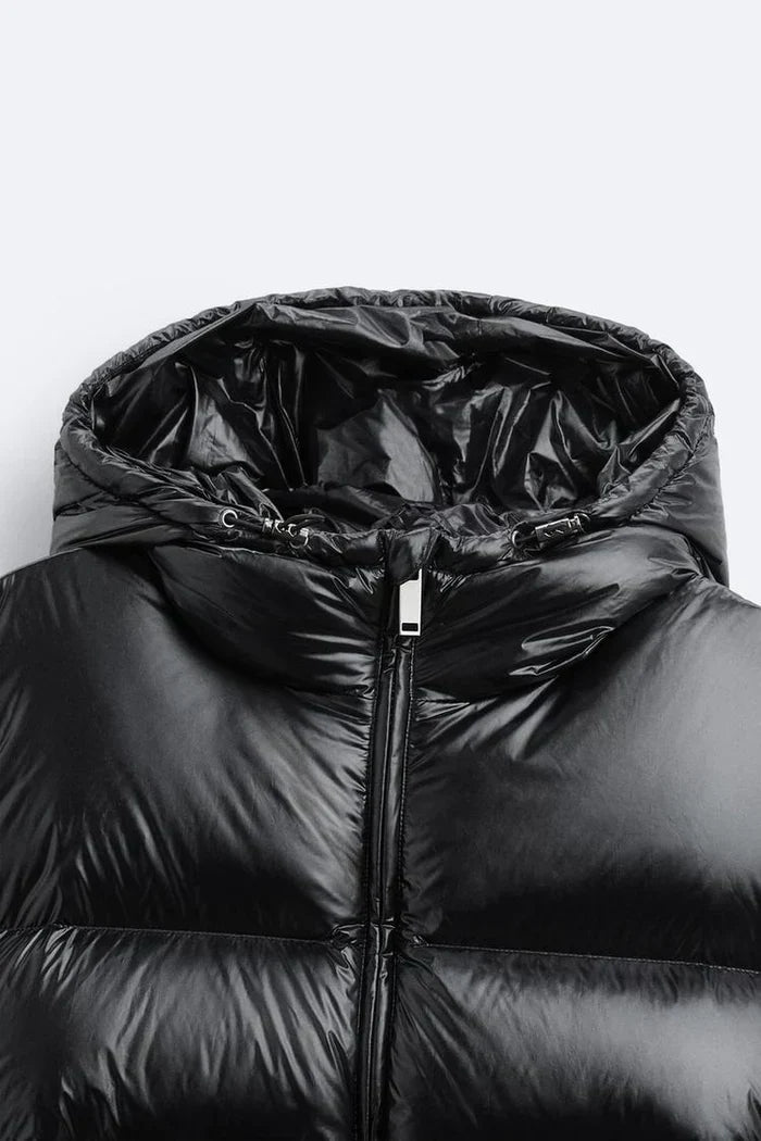 Quilted hooded puffer jacket with front zip and angled pockets