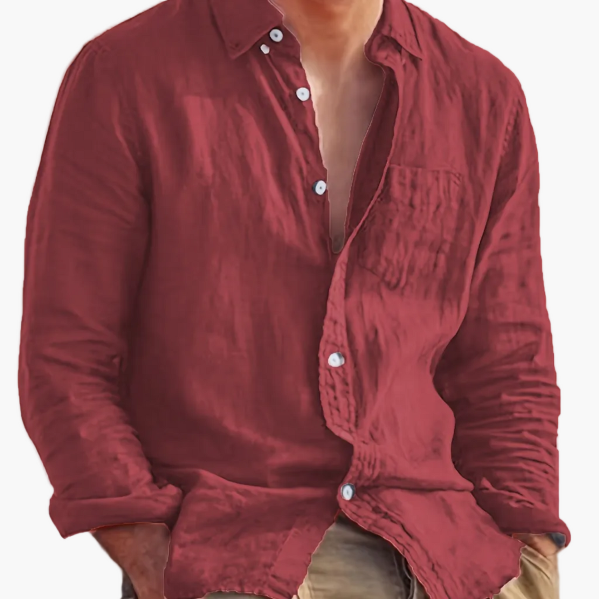 Men's long-sleeve textured button shirt with collar and chest pocket