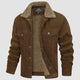 Men's corduroy jacket with textured sherpa collar, button front and flap pockets