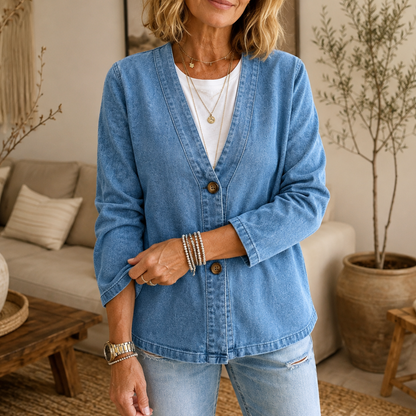 Collarless soft-denim-look button-down cardigan