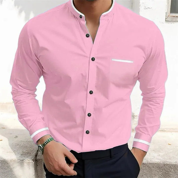 Men's Long Sleeve Grandad Collar Shirt, Contrast Trim Button-Front Business Casual Shirt