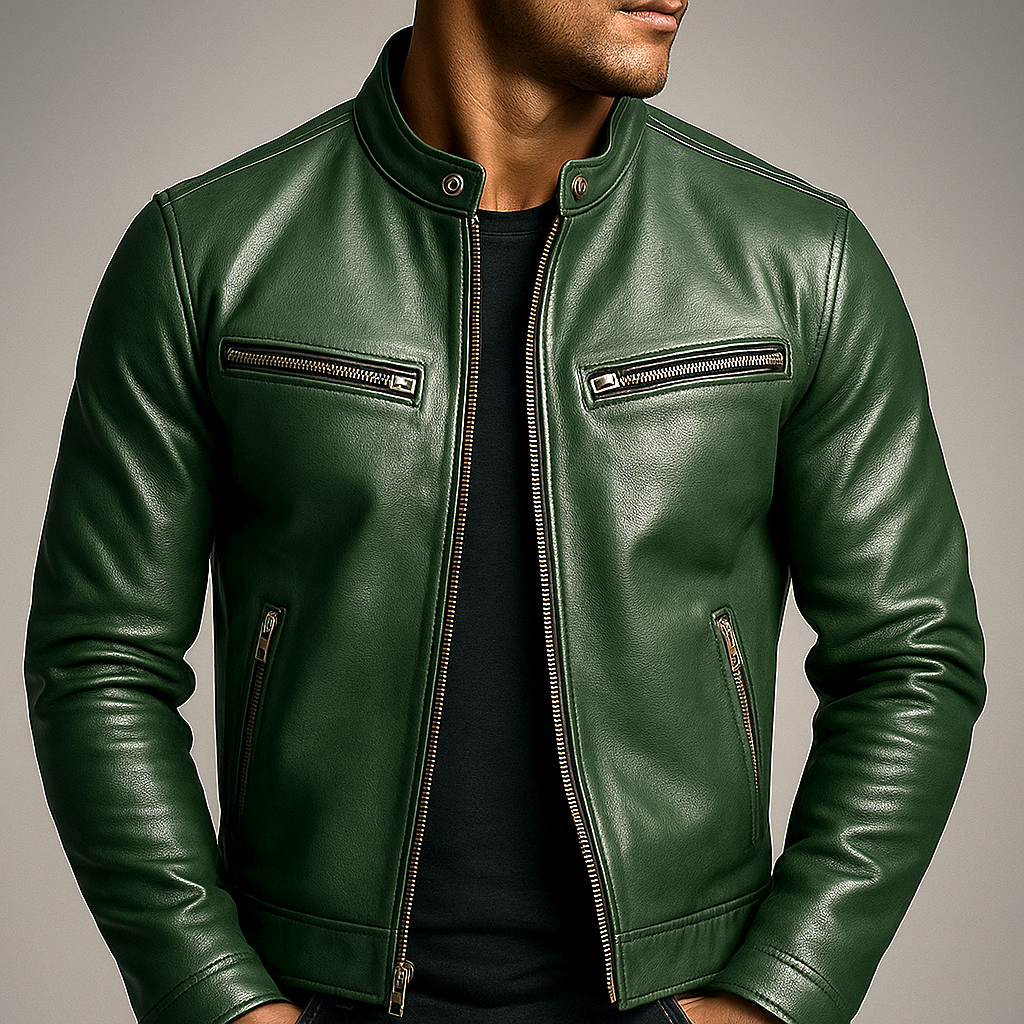 Men's leather jacket with stand collar and multiple zip pockets