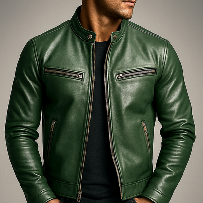 Men's leather jacket with stand collar and multiple zip pockets