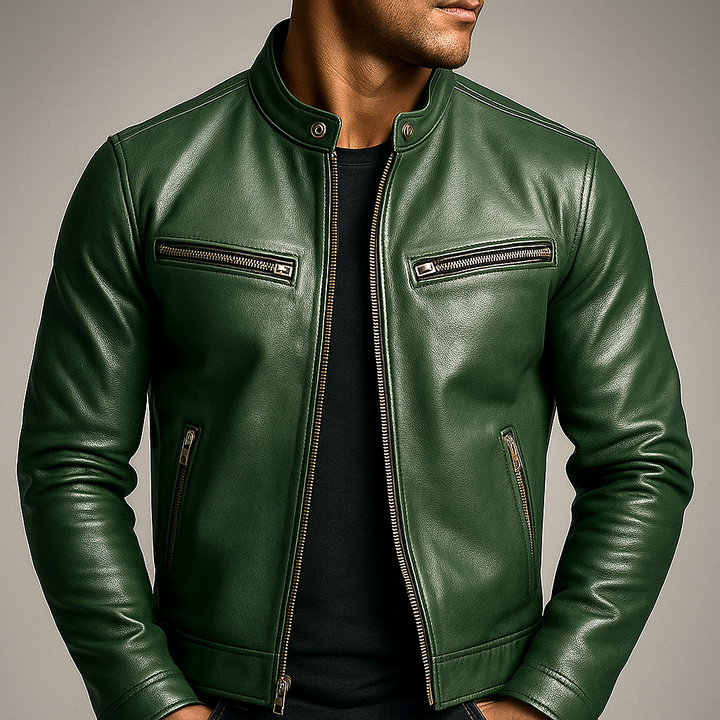 Men's leather jacket with stand collar and multiple zip pockets