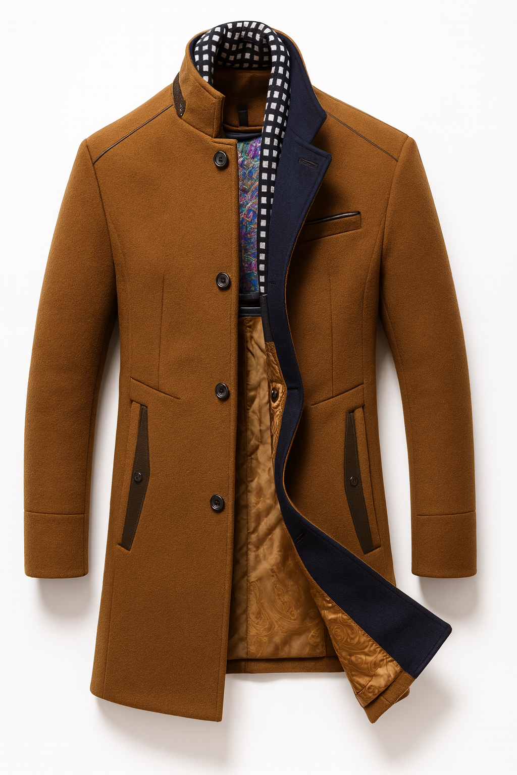 Men's structured overcoat with stand collar, button front, contrast trim and quilted lining