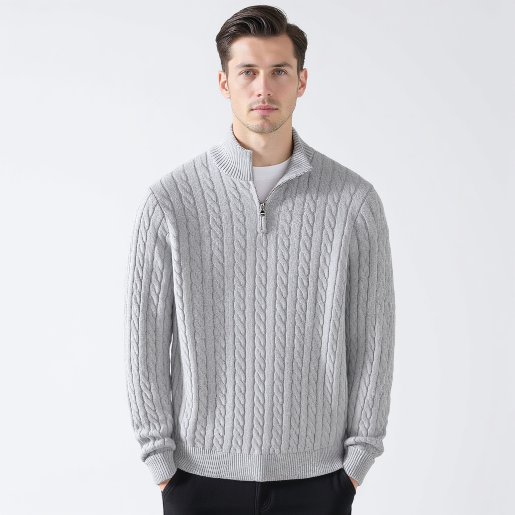 Pack of five men's cable-knit quarter-zip sweaters displayed on hangers in black, navy, white, cream and light blue