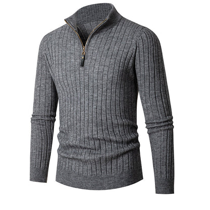 Men's ribbed quarter-zip sweater with stand collar and long sleeves