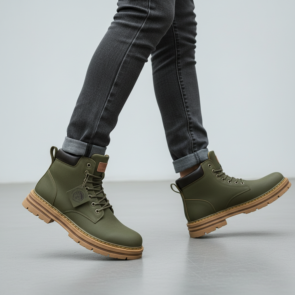 Men's lace-up ankle boots with round toes, padded collars and lugged soles