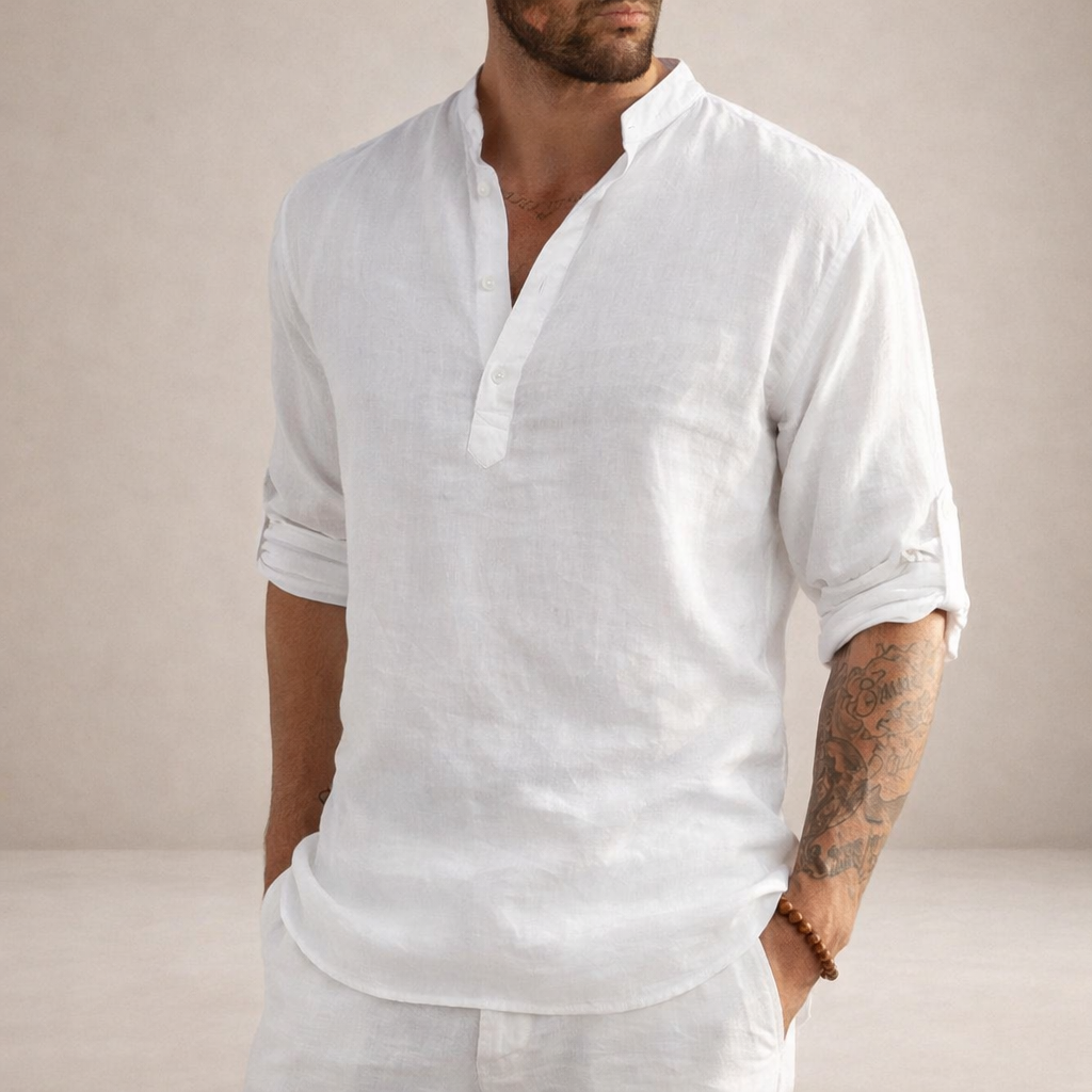 Men's Grandad Collar Shirt, Half Placket, Long Sleeve