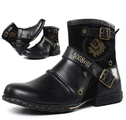 Men's biker ankle boots with buckle straps and rounded toes