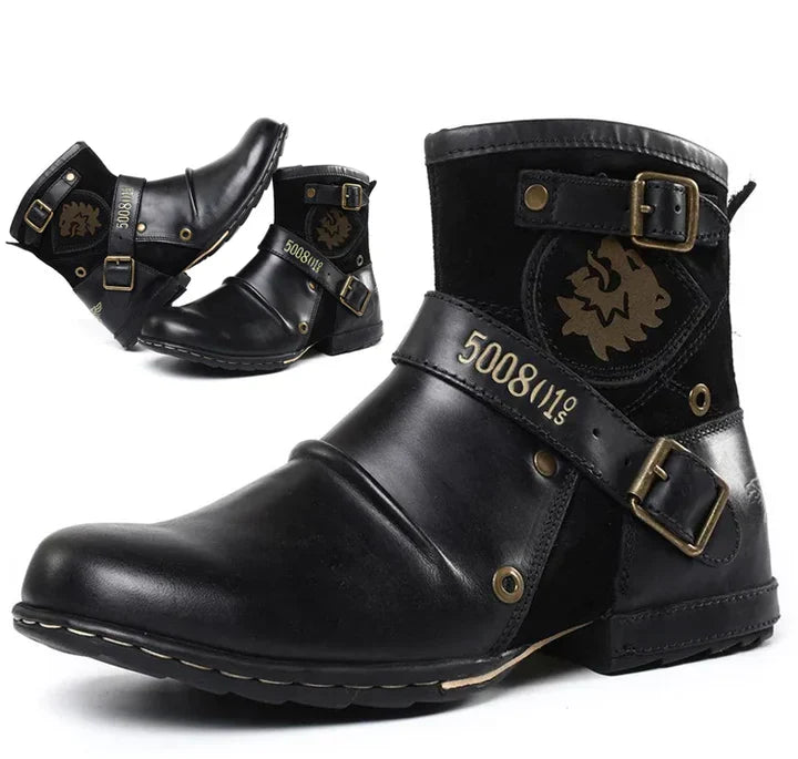 Men's biker ankle boots with buckle straps and rounded toes