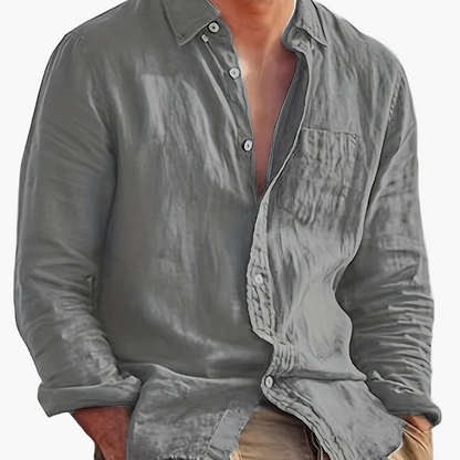 Men's long-sleeve textured button shirt with collar and chest pocket