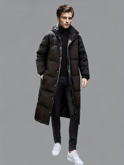 Men's black long hooded puffer coat with quilted panels