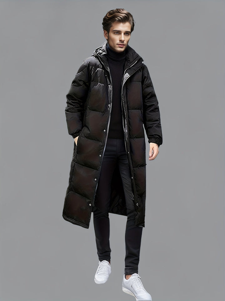 Men's black long hooded puffer coat with quilted panels