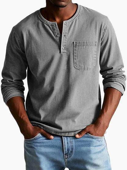 Men's long-sleeve Henley shirt with round neckline, button placket and chest pocket