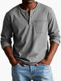 Men's long-sleeve Henley shirt with round neckline, button placket and chest pocket