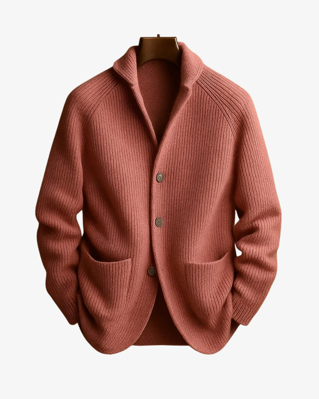 Ribbed knit cardigan with stand collar, button front and two patch pockets