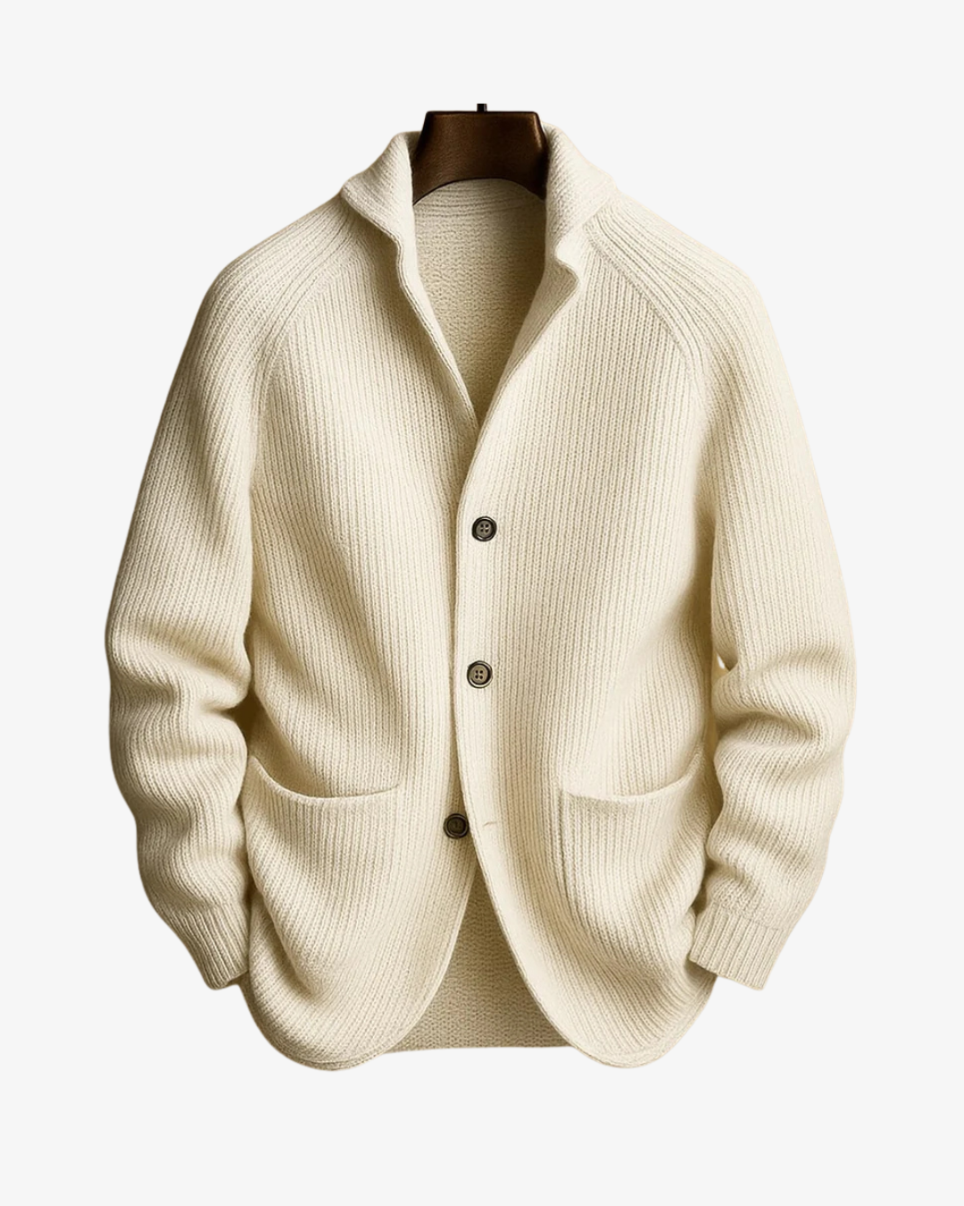 Ribbed knit cardigan with stand collar, button front and two patch pockets