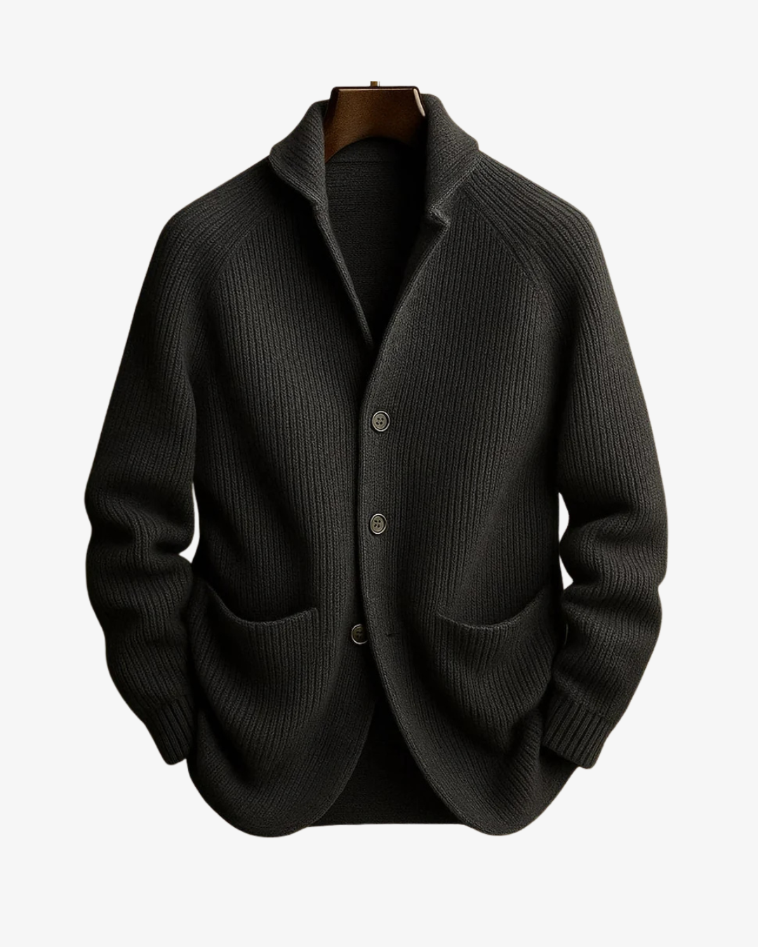 Ribbed knit cardigan with stand collar, button front and two patch pockets