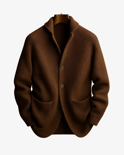 Ribbed knit cardigan with stand collar, button front and two patch pockets