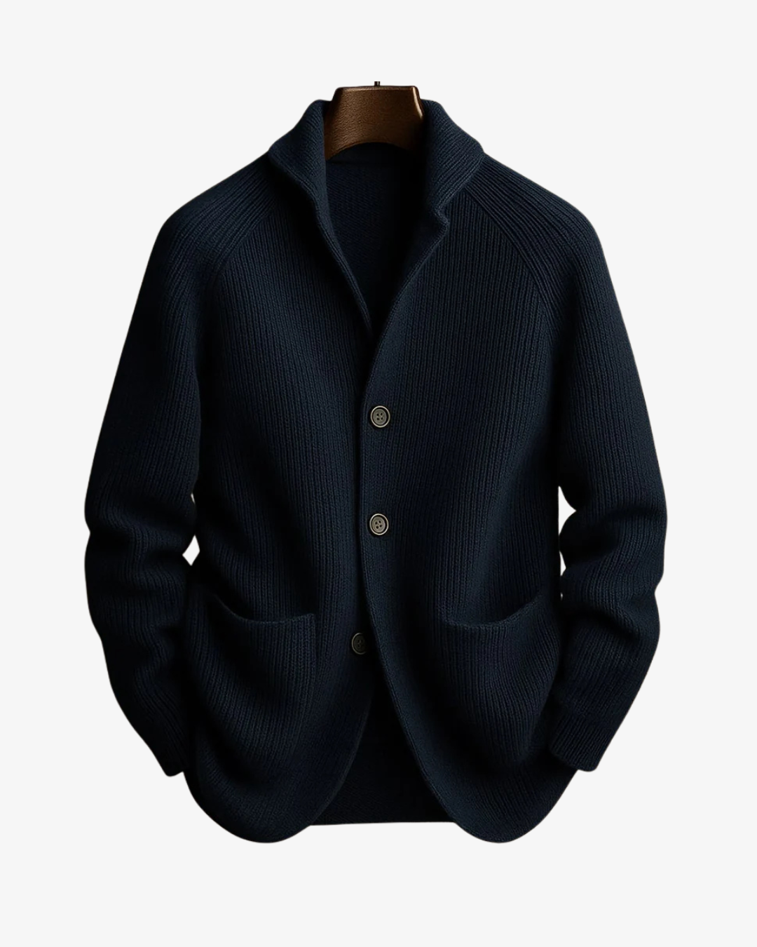 Ribbed knit cardigan with stand collar, button front and two patch pockets
