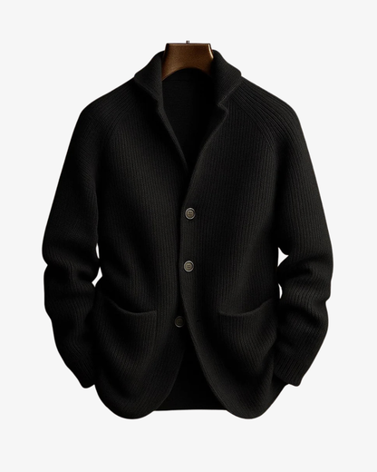 Ribbed knit cardigan with stand collar, button front and two patch pockets