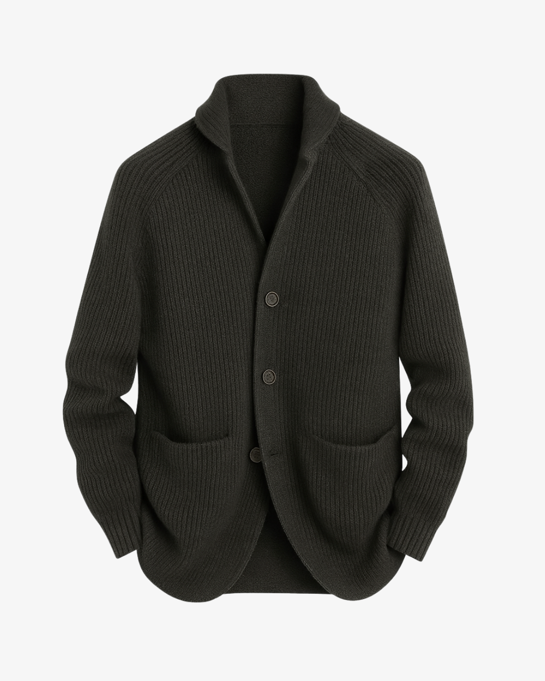 Ribbed knit cardigan with stand collar, button front and two patch pockets