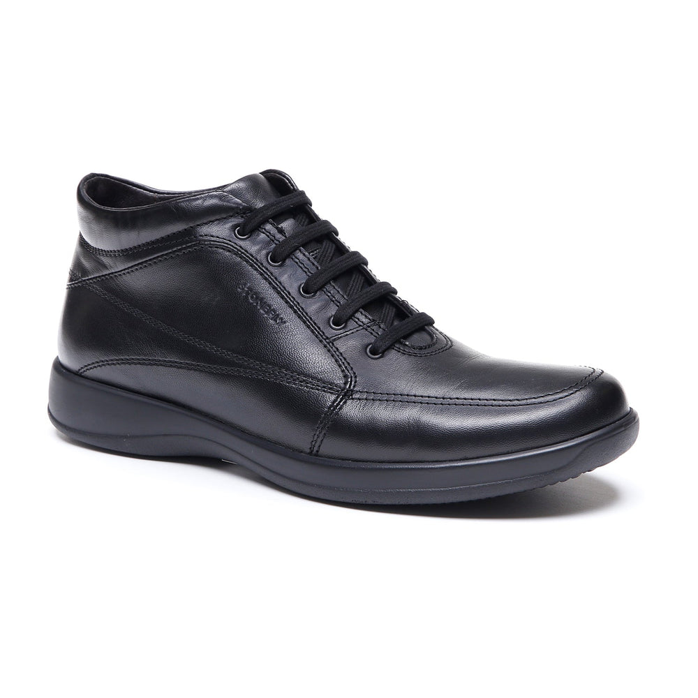 Black men's lace-up ankle boots with round toes and flat soles