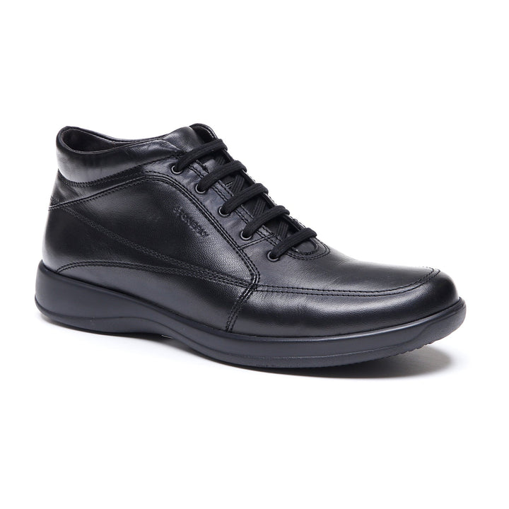 Black men's lace-up ankle boots with round toes and flat soles