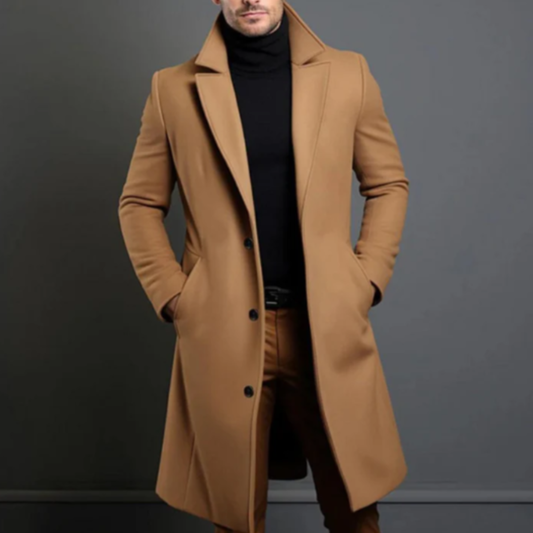 Men's longline overcoat with notched lapels, button front and side pockets