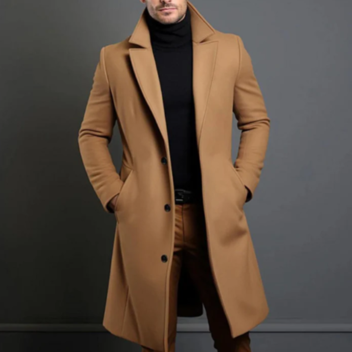 Men's longline overcoat with notched lapels, button front and side pockets