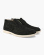 Unisex ankle-height slip-on loafers with rounded moc toes and stitched apron details