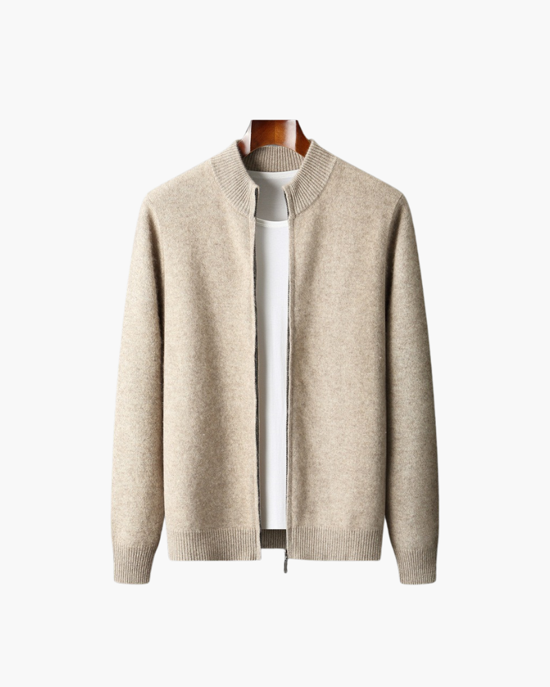 Men's beige knitted zip jacket and matching drawstring jogger set