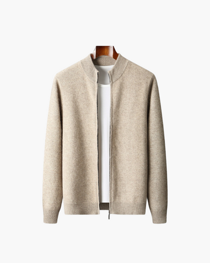 Men's beige knitted zip jacket and matching drawstring jogger set