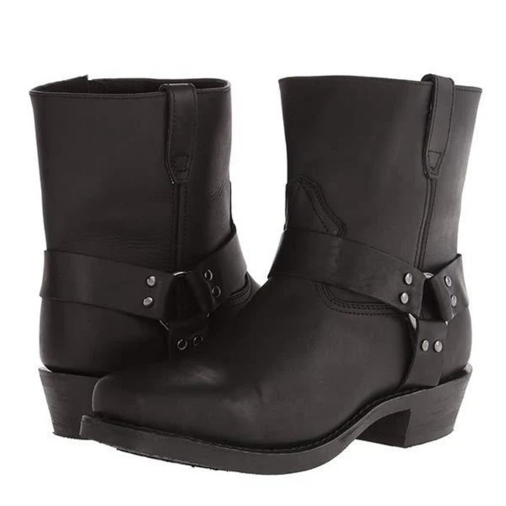 Men's cowboy boots with harness straps, metal studs and low block heels