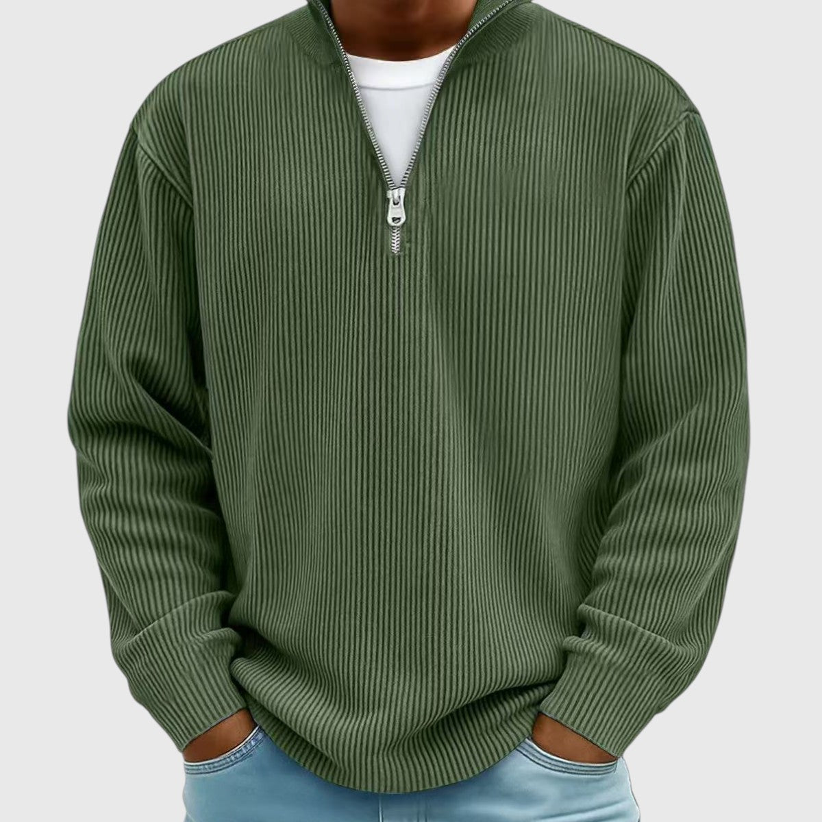 Men's textured ribbed jumper with mock neck and half-zip front