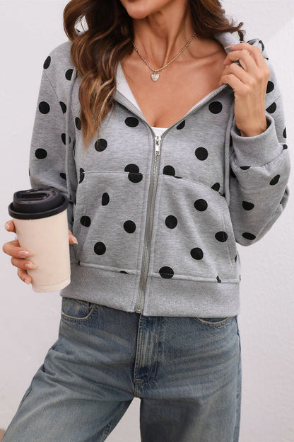 Cropped polka dot hoodie with hood and front zip fastening