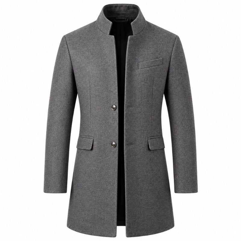 Men's long stand collar overcoat with button front and flap pockets